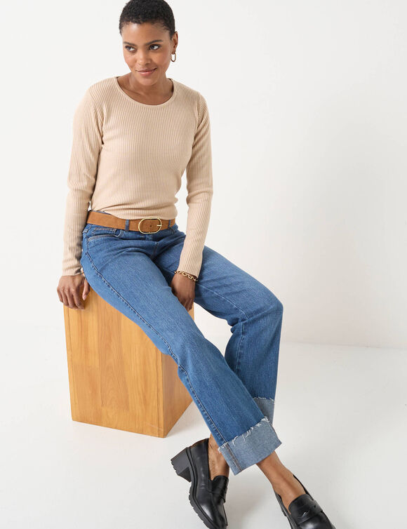 Pull col rond manches longues maille côtelée (grège) Pull col rond manches longues maille côtelée (grège)